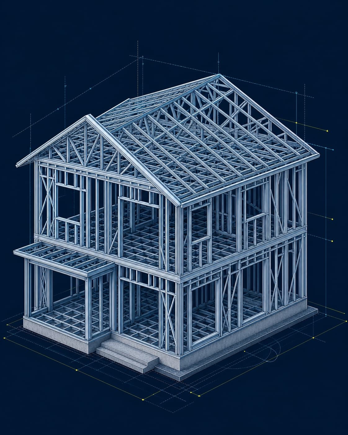 Architekturzeichnung eines zweigeschossigen Hauses aus leichten Stahlprofilen